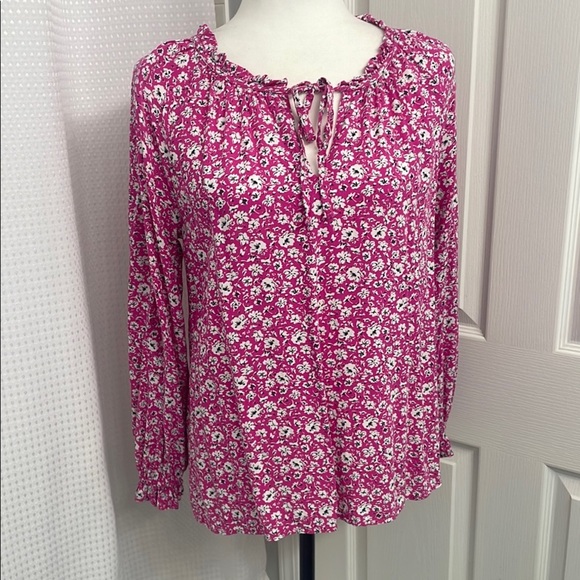 Bohemian Long Sleeve Blouse Pink with White Flowers Ruffles & Tie Front Size M - Picture 1 of 5